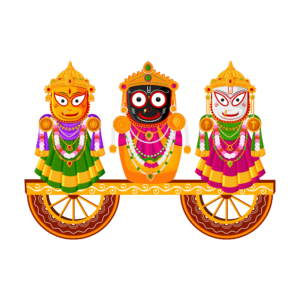 A colorful devotional illustration of Lord Jagannath, Devi Subhadra, and Lord Balaram standing together, perfect for Rath Yatra and spiritual Hindu content, on a transparent background.