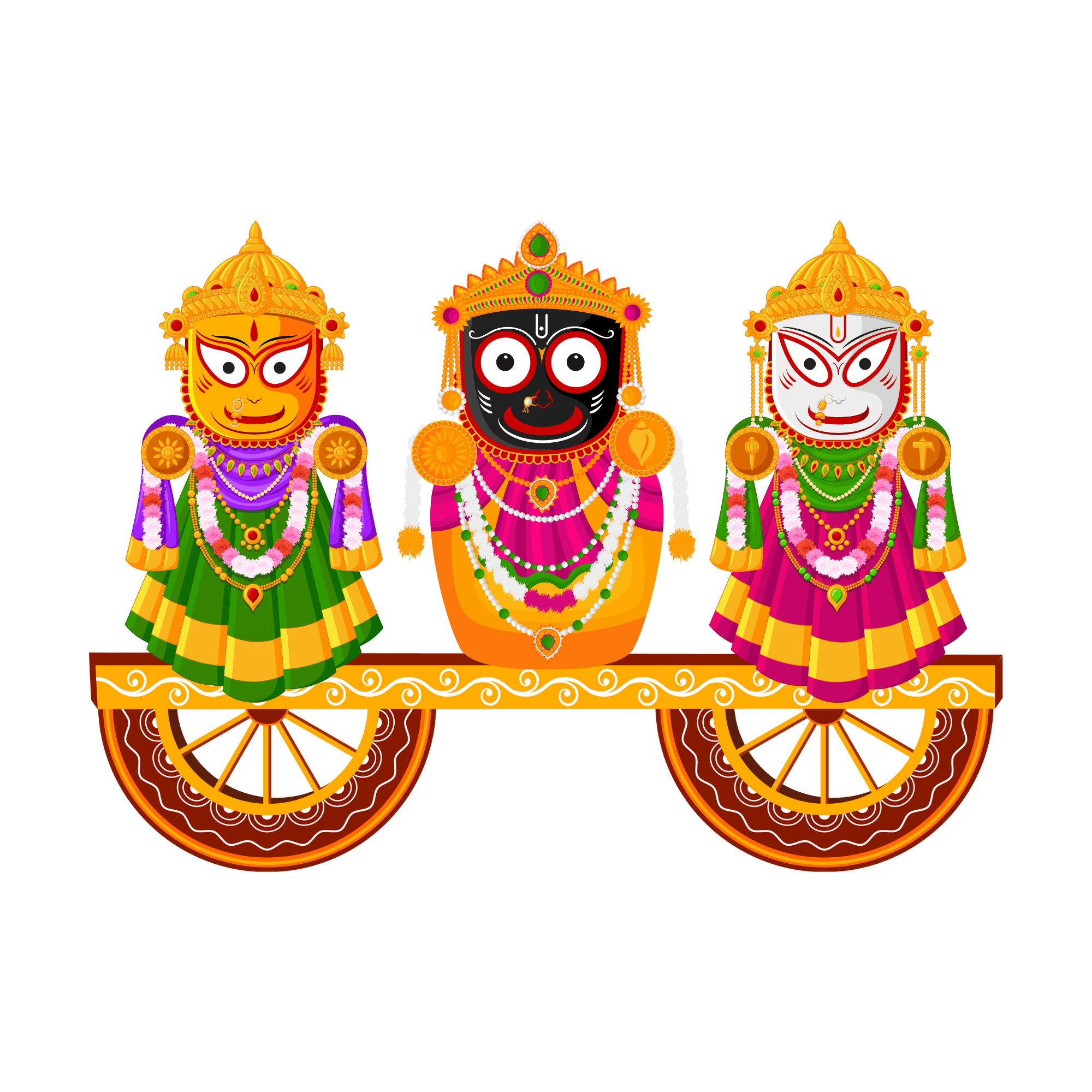 A colorful devotional illustration of Lord Jagannath, Devi Subhadra, and Lord Balaram standing together, perfect for Rath Yatra and spiritual Hindu content, on a transparent background.
