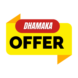 A festive “Dhamaka Offer” badge with explosive design elements and bold colors, ideal for Indian festive promotions on a transparent background.