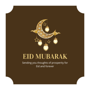 A gold-colored “Eid Mubarak” design with crescent moon and lanterns, perfect for luxury Islamic festival greetings, on a transparent background.