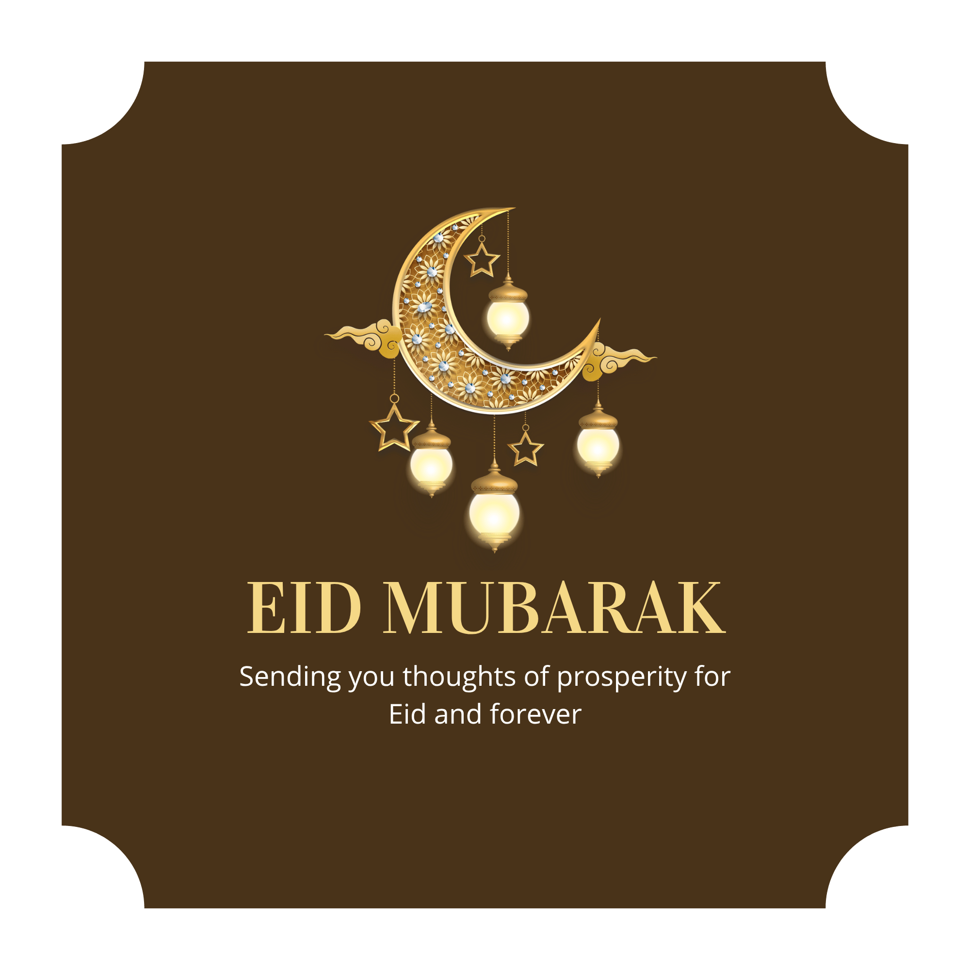 A gold-colored “Eid Mubarak” design with crescent moon and lanterns, perfect for luxury Islamic festival greetings, on a transparent background.