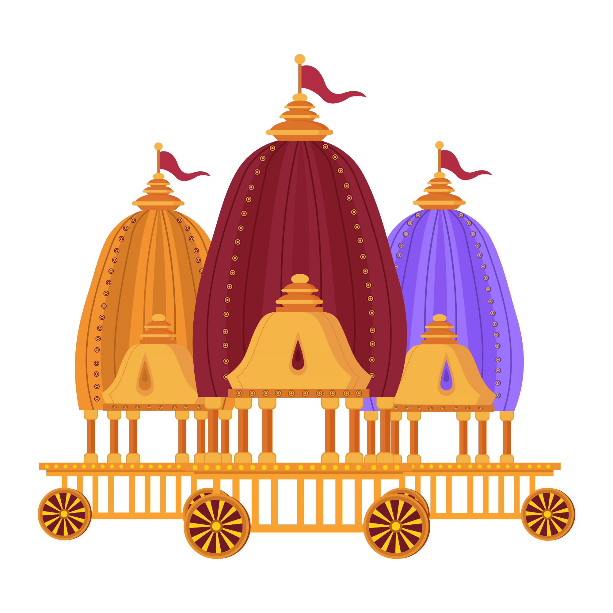 A decorative Indian chariot or “Rath” used in Hindu festivals like Rath Yatra, shown on a transparent background for cultural and spiritual use.