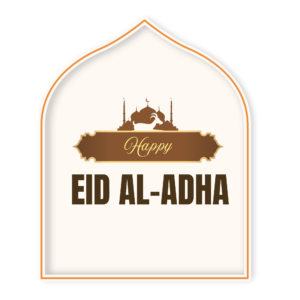 A decorative “Happy Eid ul Adha” message with a crescent moon and mosque elements on a transparent background, ideal for festive Islamic greetings.