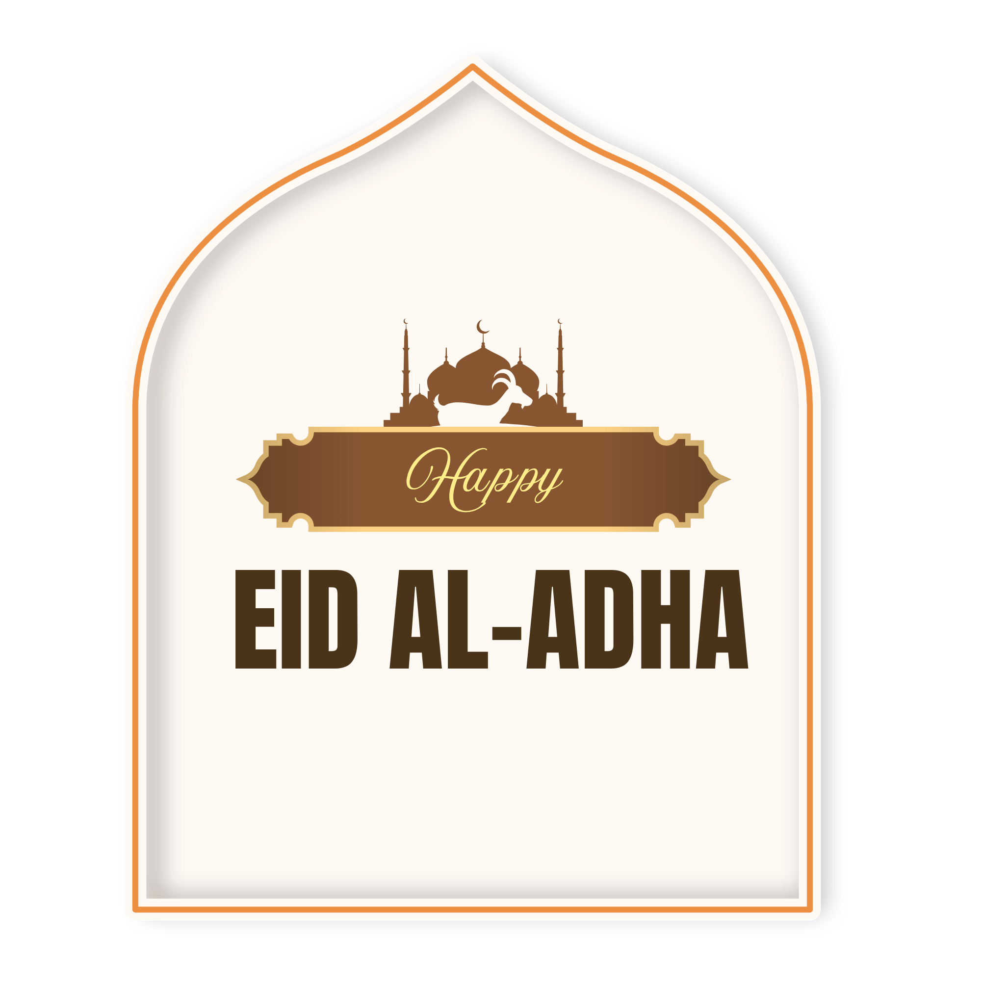 A decorative “Happy Eid ul Adha” message with a crescent moon and mosque elements on a transparent background, ideal for festive Islamic greetings.