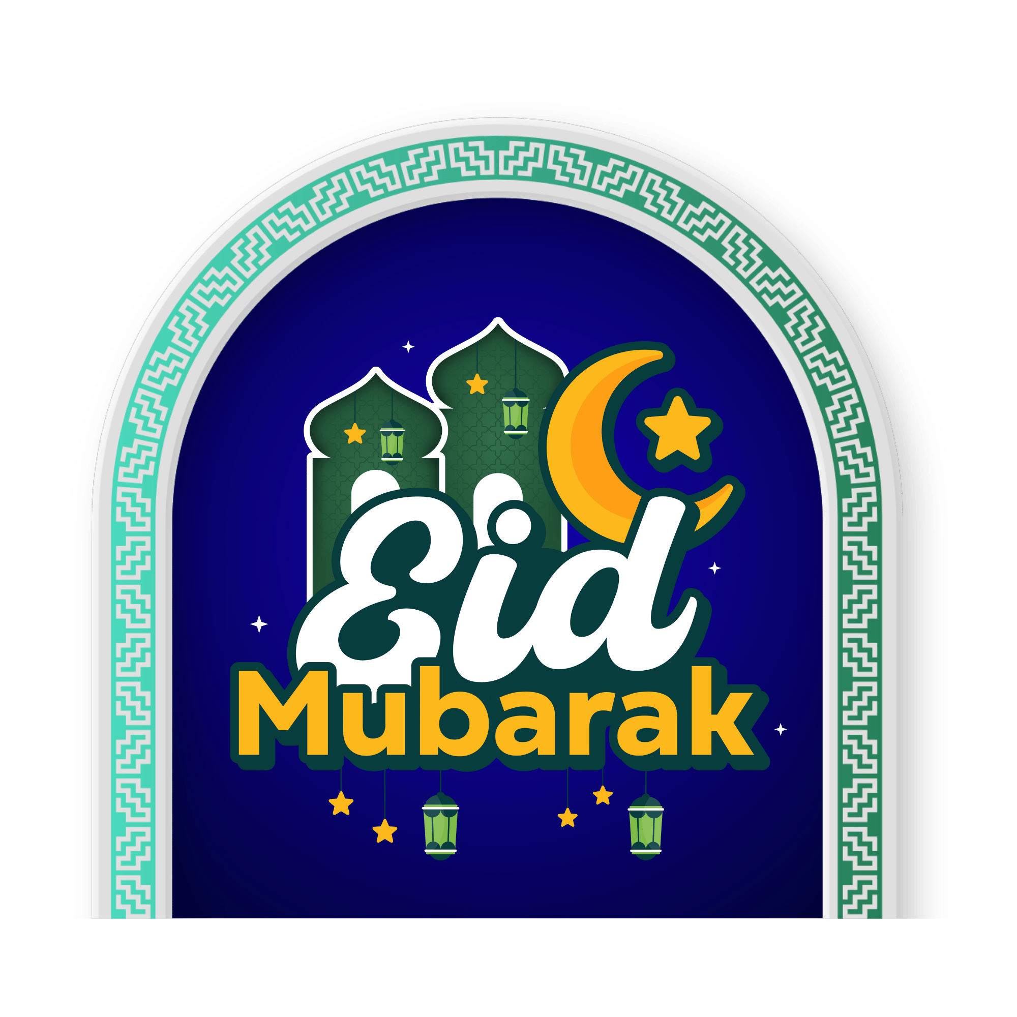 A stylish “Eid Mubarak” text with stars and a crescent moon in a modern decorative layout, on a transparent background.
