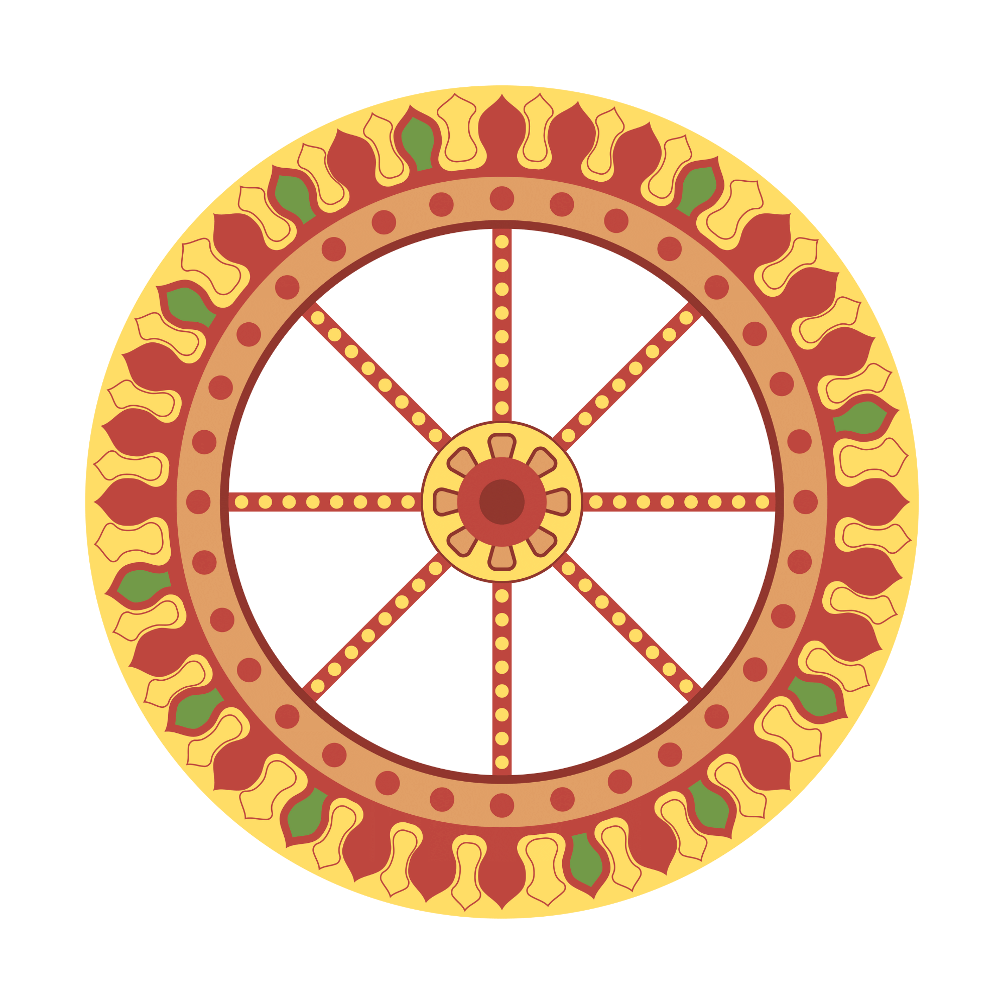 A detailed traditional Indian chariot wheel design used in Rath Yatra celebrations, displayed with a transparent background for cultural and festive design use.