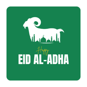 A decorative design for Eid ul Adha with mosque and crescent moon elements, symbolizing the Islamic festival of sacrifice, on a transparent background.
