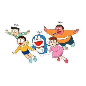 The full Doraemon team including Doraemon, Nobita, Shizuka, Gian, and Suneo, standing together on a transparent background, ideal for cartoon-themed graphics.