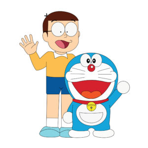 Doraemon standing happily with Nobita Nobi, both smiling in a fun cartoon style, on a transparent background. Ideal for kids’ and anime-themed designs.