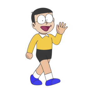 Cartoon image of Nobita Nobi wearing his classic yellow shirt and blue shorts, standing and smiling on a transparent background.