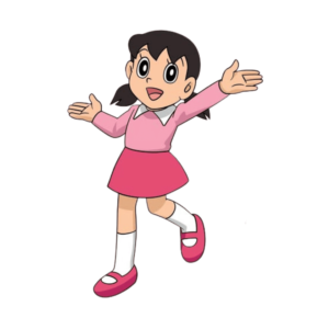 Cartoon image of Shizuka Minamoto from Doraemon, smiling in her classic pink dress, with a transparent background.