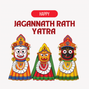Colorful “Happy Rath Yatra” text with a traditional Indian chariot illustration on a transparent background, suitable for religious and festive use.