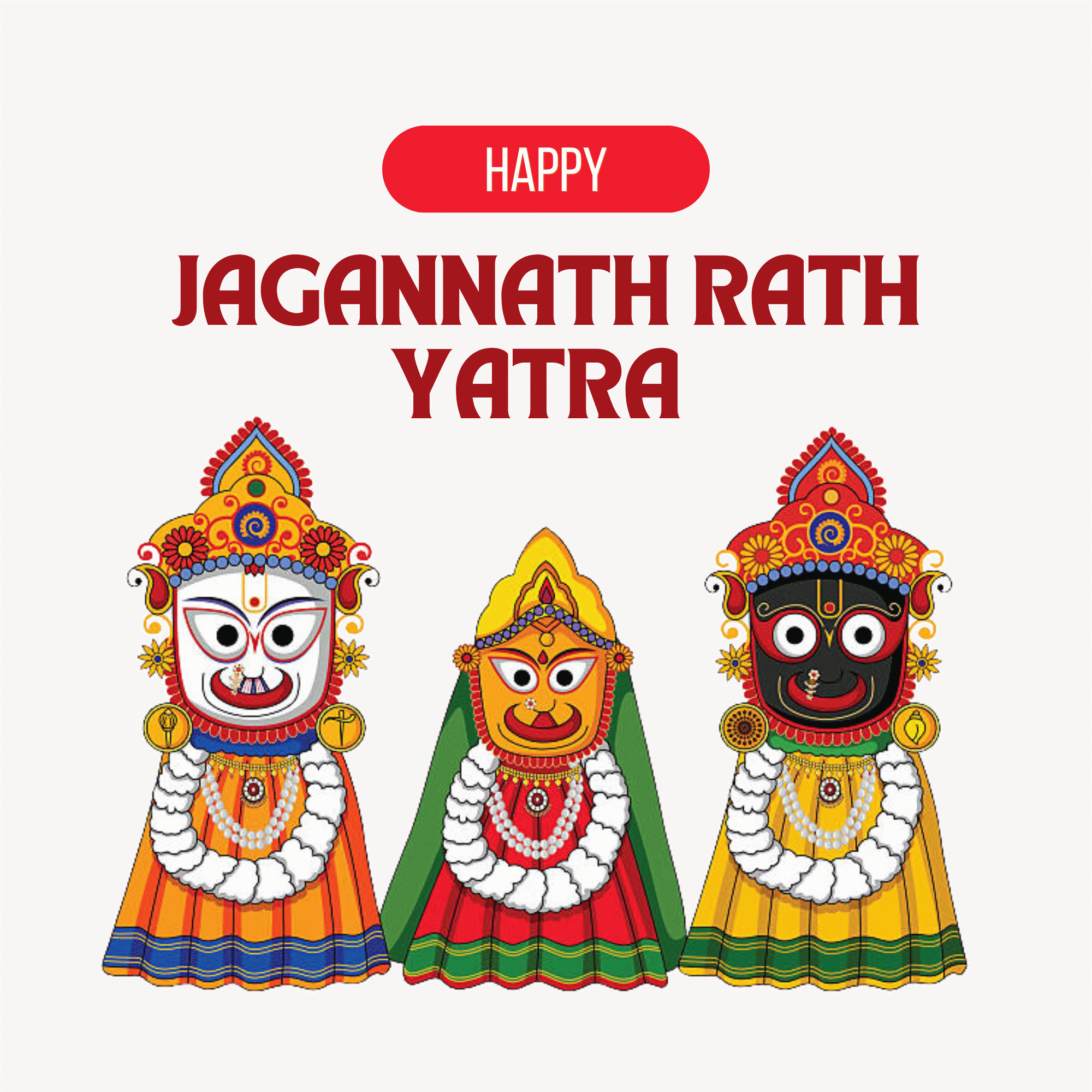 Colorful “Happy Rath Yatra” text with a traditional Indian chariot illustration on a transparent background, suitable for religious and festive use.