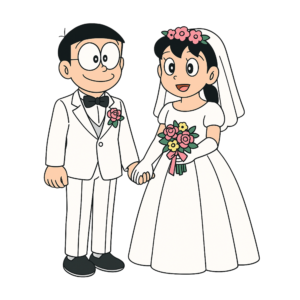 Nobita and Shizuka dressed in wedding attire, standing together and smiling in a romantic cartoon style on a transparent background.