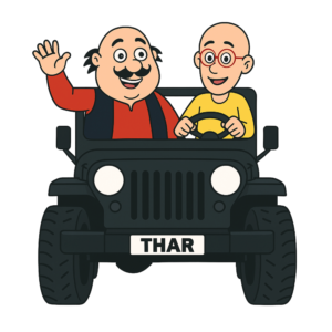 Motu and Patlu joyfully driving a red Thar SUV in cartoon style with a transparent background.