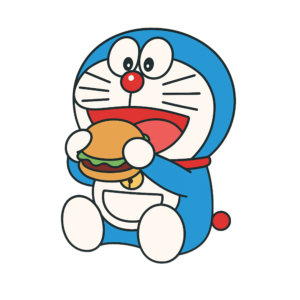 Doraemon happily eating a burger in cartoon style on a transparent background.
