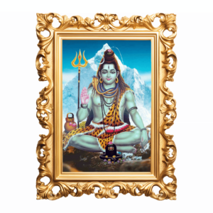 A spiritual photo frame design featuring divine elements like Lord Shiva, Trishul, Damru, and Om symbol on a transparent background, ideal for devotional use.
