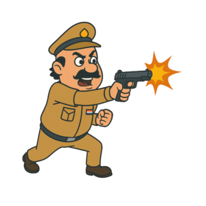 Motu dressed as a police officer firing a cartoon gun with a heroic expression, on a transparent background.