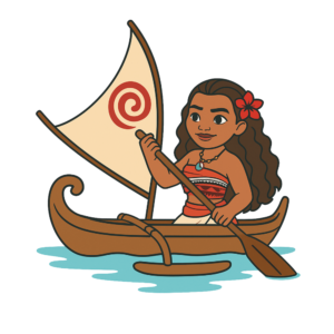 Moana sailing in her traditional Polynesian canoe, holding a paddle, on a transparent background.