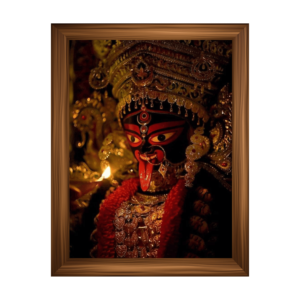 A photo frame decorated with symbols and artwork of Maa Kali, featuring her fierce expression, third eye, garland of skulls, and trident, all on a transparent background.
