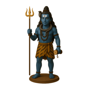 Lord Shiva in a meditative pose with trishul and damru, rendered in 3D vector art on a transparent background.