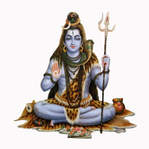 A divine image of Lord Shiva in meditative pose, with long hair, a crescent moon, Trishul, and Damru, on a transparent background.