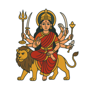 Maa Durga seated on a lion with ten arms holding divine weapons, 3D vector art with a transparent background.