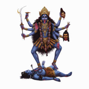 A powerful image of Maa Kali with blue/black skin, tongue extended, holding weapons and a severed head, wearing a garland of skulls, shown on a transparent background.