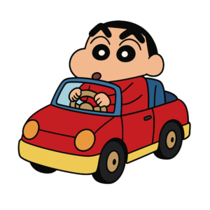 Shinchan driving a colorful cartoon car, smiling mischievously, with transparent background.