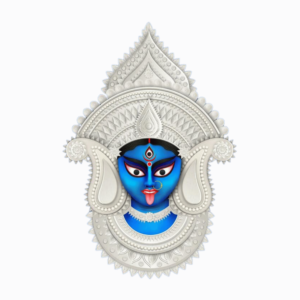 A bold vector-style silhouette of Maa Kali in a fierce stance with multiple arms, weapons, and a garland of skulls, on a transparent background.