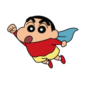 Shinchan flying with arms spread and a joyful expression, cartoon vector on transparent background.