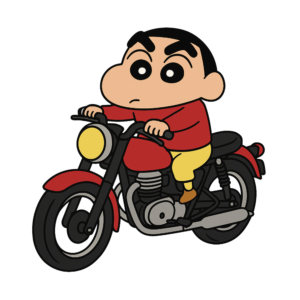 Shinchan riding a motorbike with a cheerful expression, cartoon vector image on transparent background.