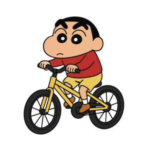 Shinchan riding a bicycle with a joyful expression, cartoon vector PNG with transparent background.