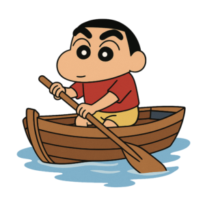 Shinchan enjoying a boat ride with a playful smile, cartoon vector PNG on transparent background.