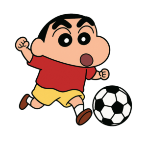 Shinchan kicking a football in an energetic pose, cartoon vector PNG with transparent background.