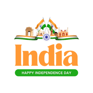A vibrant India Independence Day design with waving flags, tricolor balloons, Ashoka Chakra, and festive ribbons, on a transparent background.