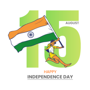 A festive 15 August design featuring the Indian tricolor flag, Ashoka Chakra, and celebratory elements like ribbons and fireworks on a transparent background.