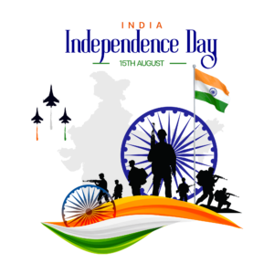 A festive Happy Independence Day text design with the Indian tricolor and Ashoka Chakra on a transparent background.