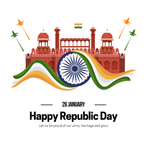 A colorful Happy Republic Day design with waving Indian flags, Ashoka Chakra, and festive decorations, isolated on a transparent background.