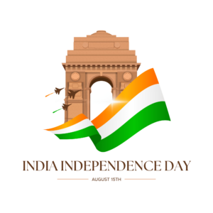 A festive Independence Day design with waving flags, colorful fireworks, and bold “Happy Independence Day” lettering on a transparent background.