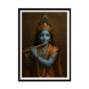 Shri Krishna wearing traditional attire, holding a flute and adorned with a peacock feather crown, standing peacefully on a transparent background.