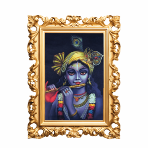A divine image of Shri Krishna in traditional attire, holding a flute, standing gracefully with a peacock feather crown, on a transparent background.