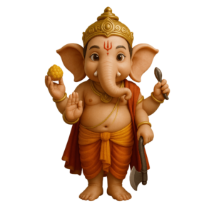 A beautifully detailed 3D Lord Ganesha seated on a lotus, holding a modak and divine weapons, with a golden crown, on a transparent background.
