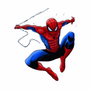 Transparent PNG of Spider-Man flying through the air in superhero action pose.