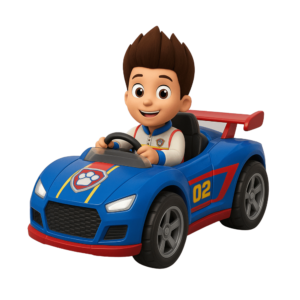 Transparent PNG of Ryder from Paw Patrol driving a racing car.
