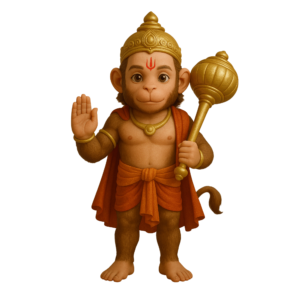 A 3D-rendered Lord Hanuman holding a golden gada, adorned with traditional ornaments, radiating divine energy, on a transparent background.