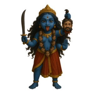 Maa Kali in 3D art, depicted with a fierce expression, multiple arms holding divine weapons, wearing a garland of skulls, isolated on a transparent background.
