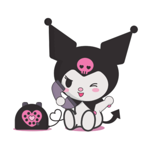 Cute Sanrio Kuromi holding a phone in calling pose, transparent background.