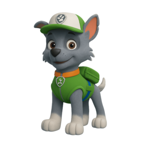 Illustration of Rocky, the recycling pup from Paw Patrol, smiling and wearing his green cap and recycling vest, isolated on a transparent background.