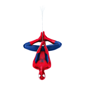 Illustration of Spider-Man hanging upside down in his iconic superhero pose, isolated on a transparent background.